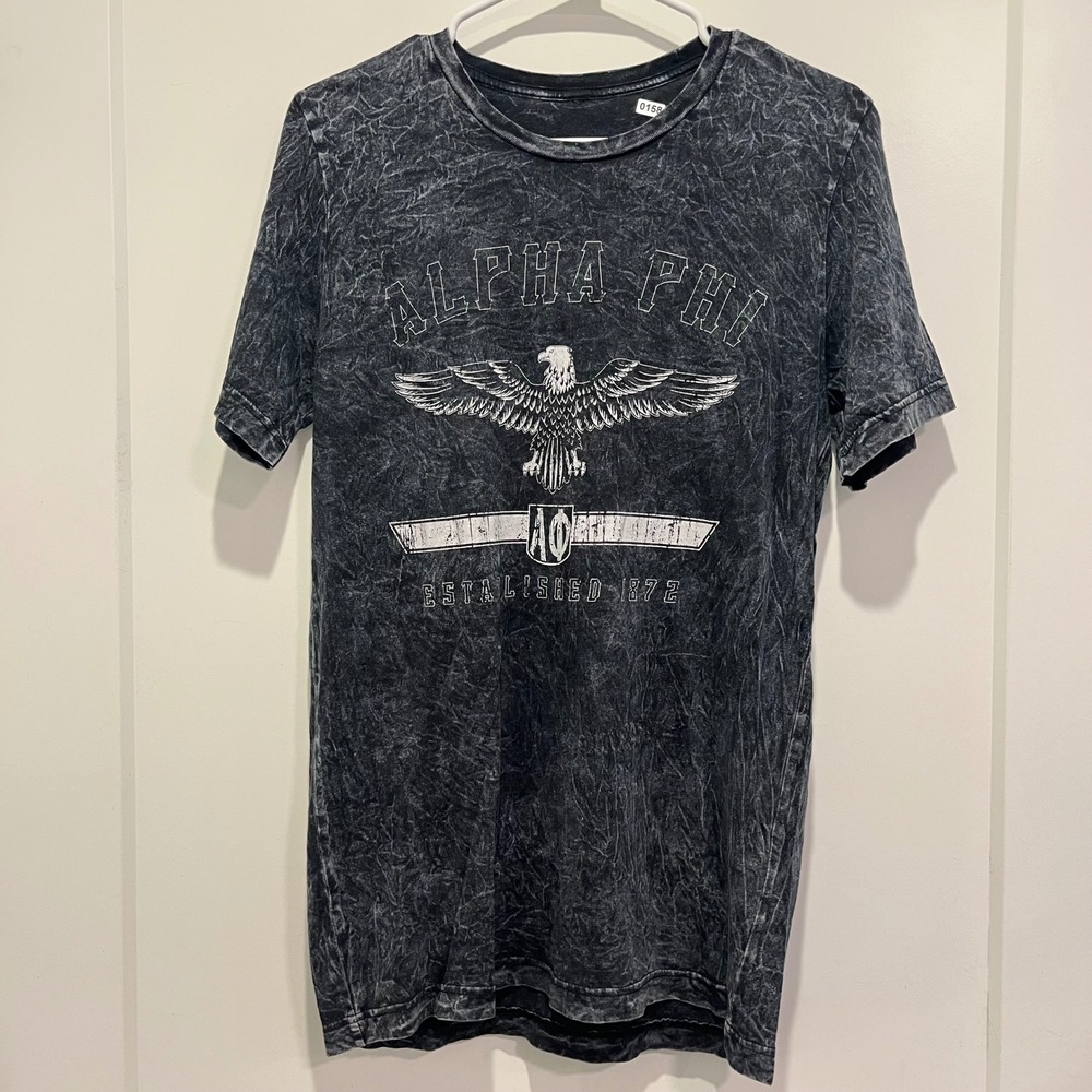 Alpha Phi Sorority Graphic T-Shirt Acid Wash Charcoal Gray Eagle Established